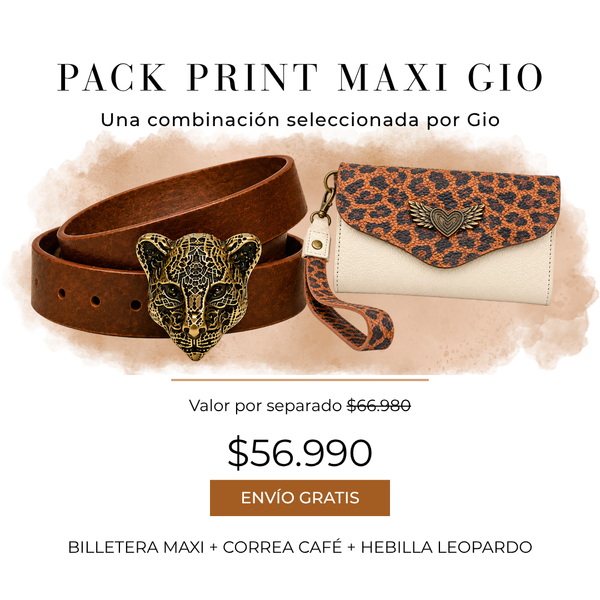 Pack Maxi Billetera Vainilla/ Print + Cinturón Café + Hebilla Leopardo (ENVÍO GRATIS)