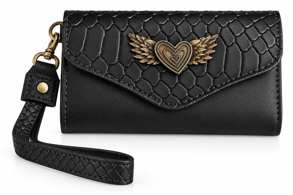 Billetera Mini Bicolor Negro Liso + Negro Crocox
